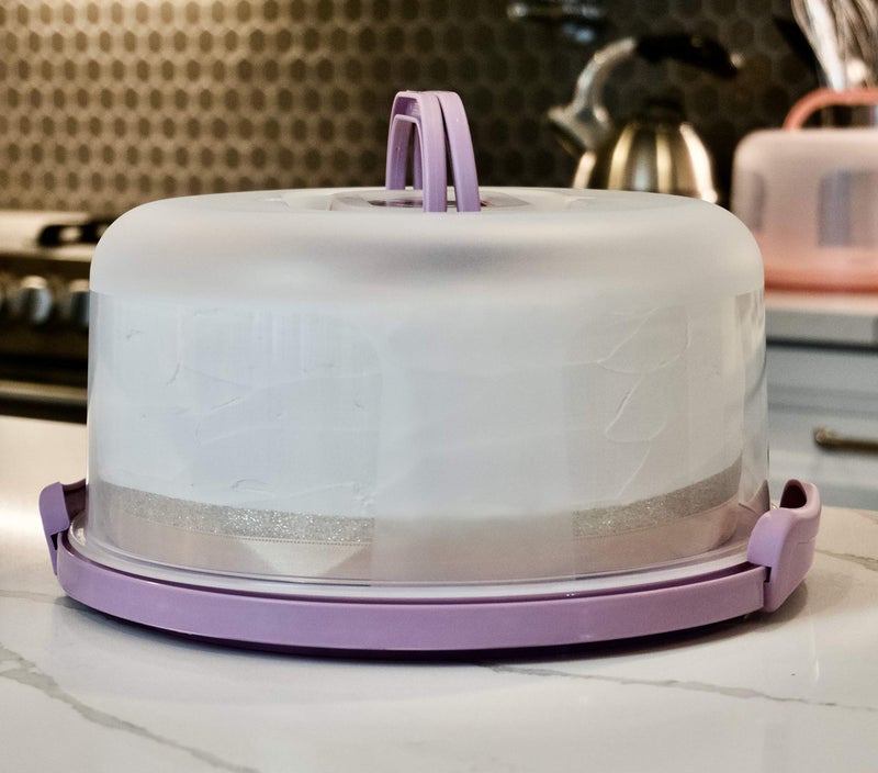 Top Shelf Elements Round Cake Carrier Two Sided Cake Holder Serves as Five Section Serving Tray, Portable Cake Stand Fits 10 inch Cake, Cake Box Comes With Handle, Cake Container Holds Pies (Lilac) - Image 5